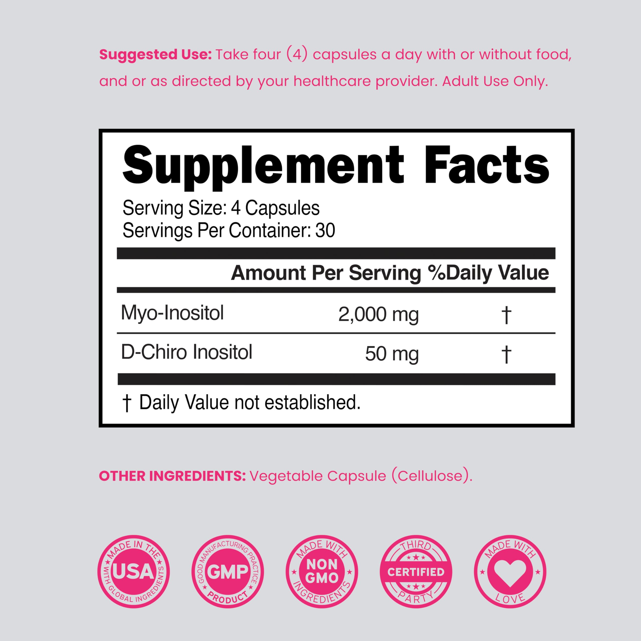 Myo-Inositol & D-Chiro Inositol Supplement For Women (120 Capsules, 2050mg Per Serving Ideal 40:1 Ratio Myo Inositol) Hormone Balance for Women - Third Party Tested