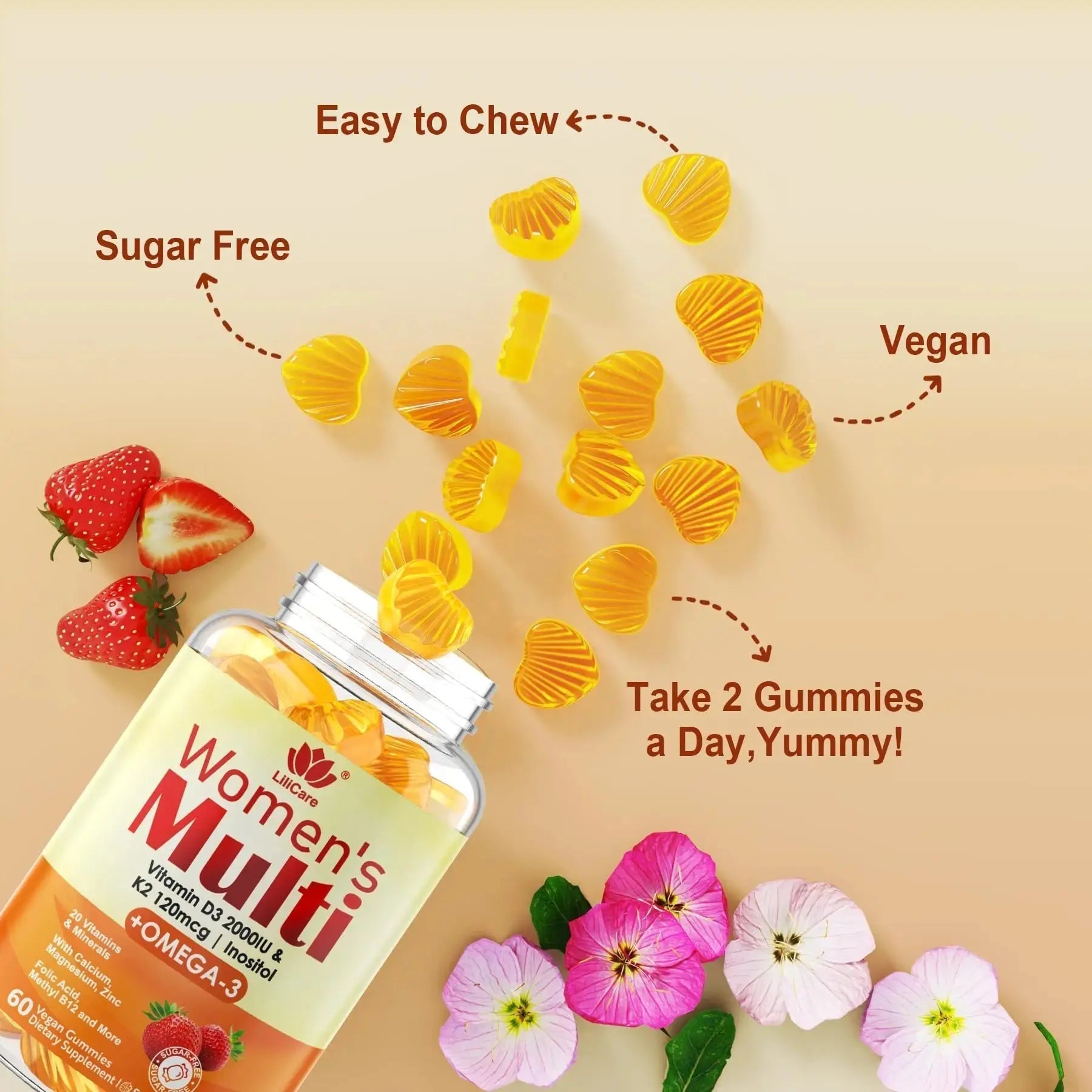 Womens Multivitamin Gummy with Omega 3（DHA/EPA), Vitamin D3 K2, Calcium, Inositol, Daily Womens Vitamin A C E B Complex LILICARE Au supplements