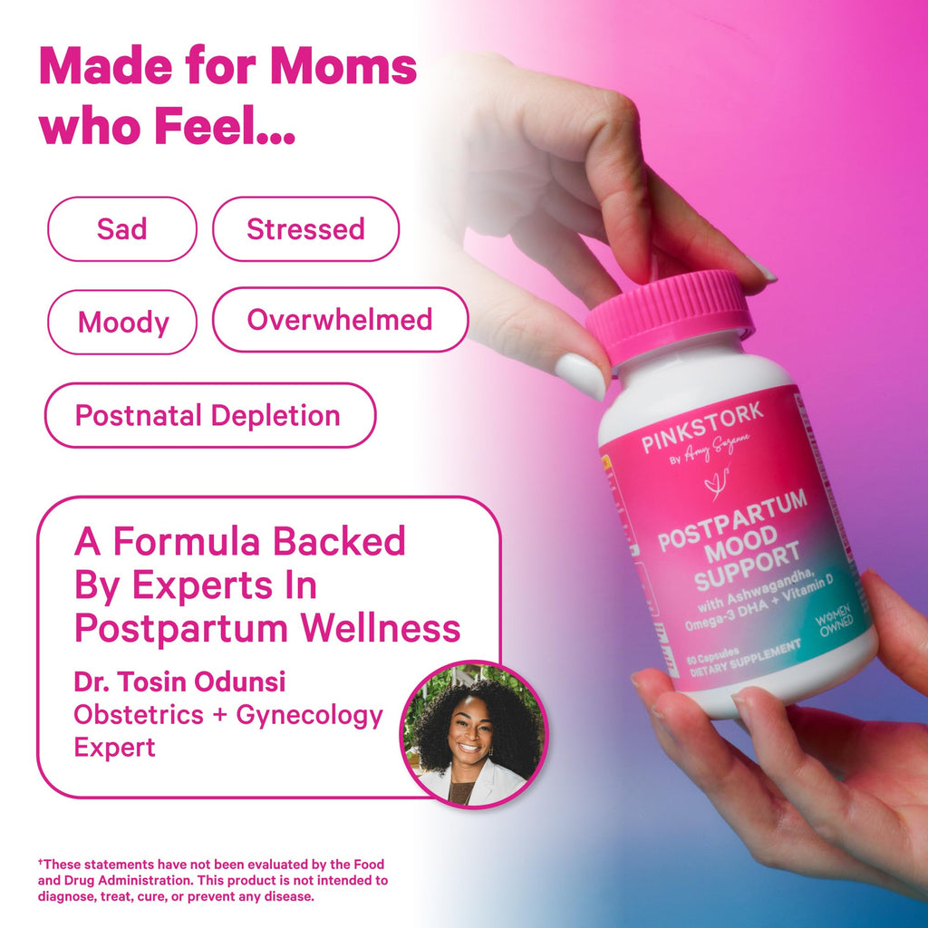 Pink Stork Postpartum Mood Support - Postnatal Hormone Balance for Women - Breastfeeding Friendly - Stress & Cognitive Support, New Mom Essentials - Ashwagandha, Chamomile, & Vitamin D, 60 Capsules Pink Stork Au supplements