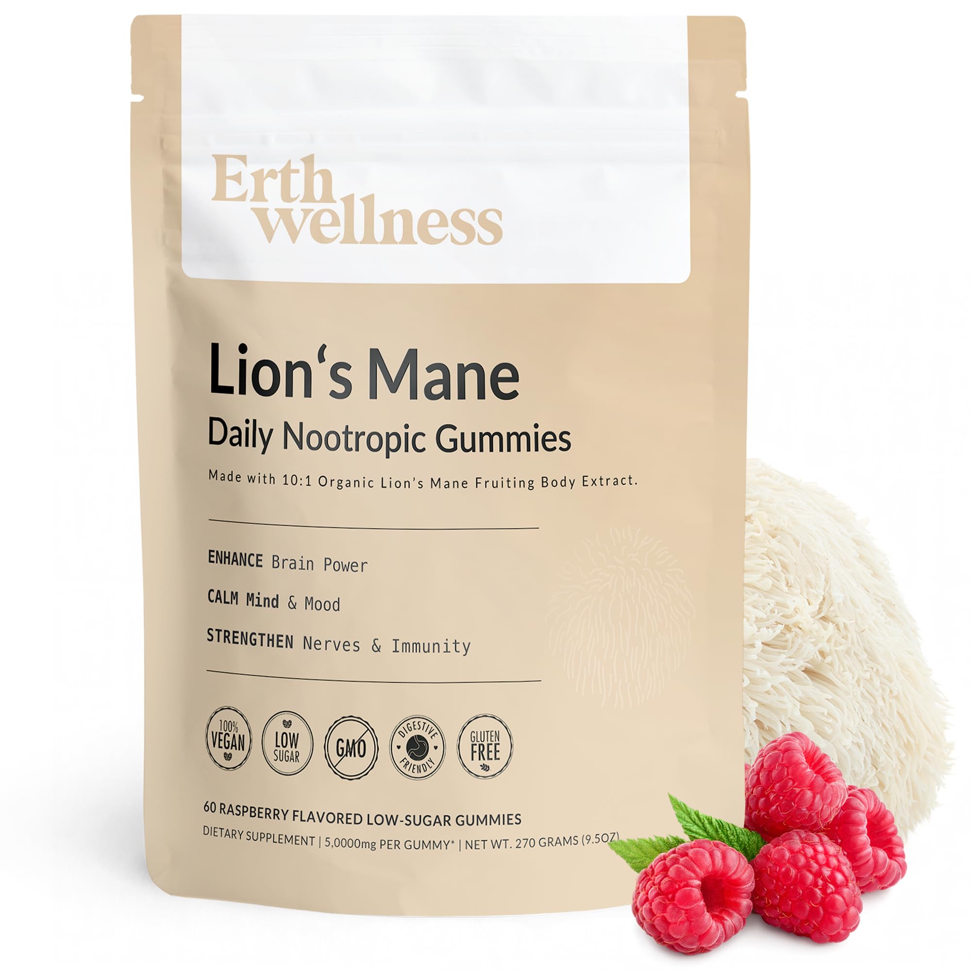Erth Wellness Lion’s Mane Mushroom Gummies – 10,000mg Fruiting Body Extract per Serving – Brain & Focus Support – Daily Nootropic – Vegan, Low Sugar, Non-GMO – 60 Ct Erth Wellness Au supplements