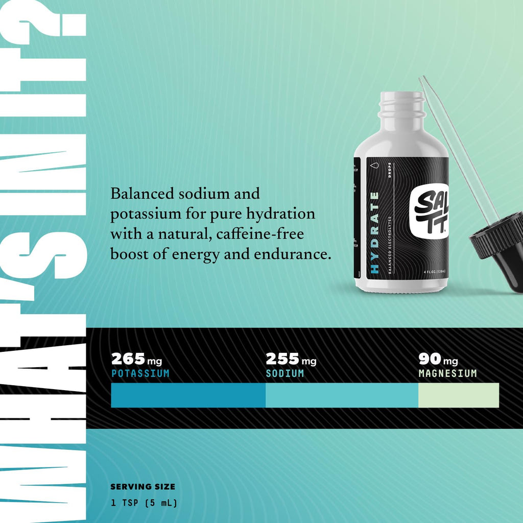 SALTT - Hydrate (4 oz) - Electrolytes Drops - Energy Boost - Sodium, Potassium, Magnesium, Zinc, Copper - Unflavored - Ultra Low Carb - Zero Sugar, Vegan,