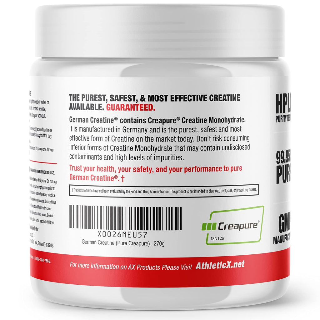 German Creatine - Micronized Creatine Monohydrate Powder, 99.99% Pure Creapure for Muscle Growth, Strength & Performance, Supports Muscle Recovery, 3rd Party Tested