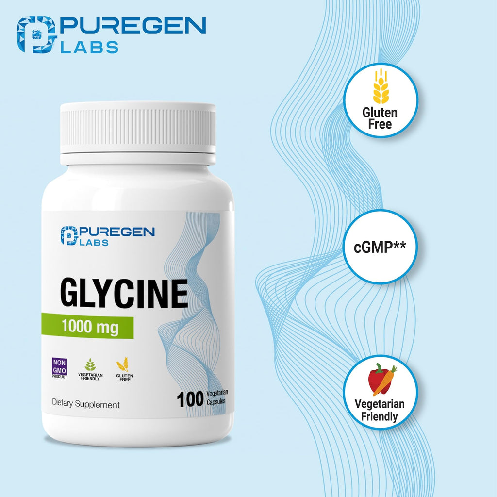 Puregen Labs Glycine 1000mg [High Potency] 100 Vegetarian Capsules, Promotes Healthy Rest | No Harmful Additives