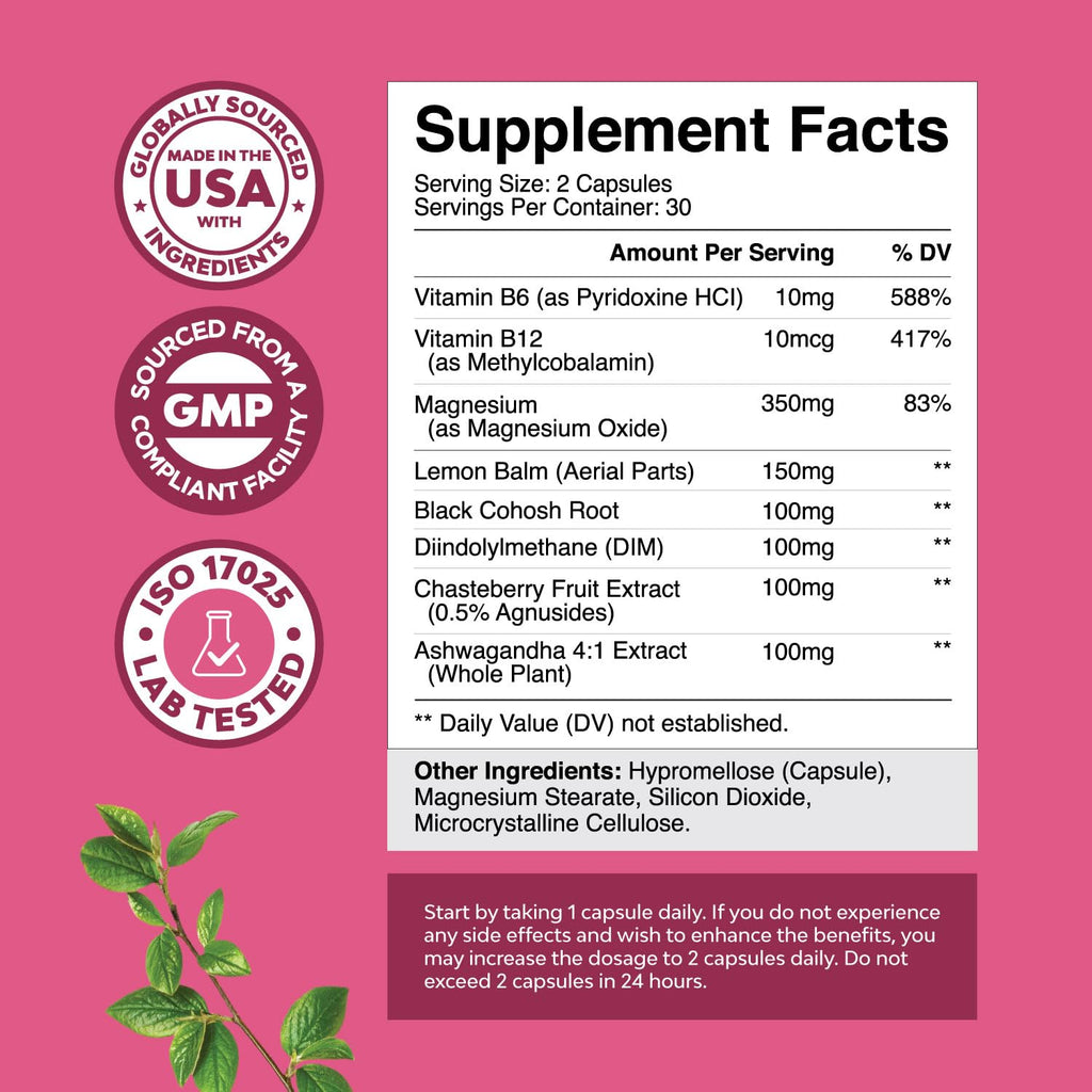 PMS Support Supplement for Women – Hormone Balance for Women & Menstrual Discomfort with DIM, Chasteberry, Black Cohosh & Ashwagandha - for Period Cramps Ease, Menopause Bloating, Mood Swing – 60 Ct Natures Craft Au supplements