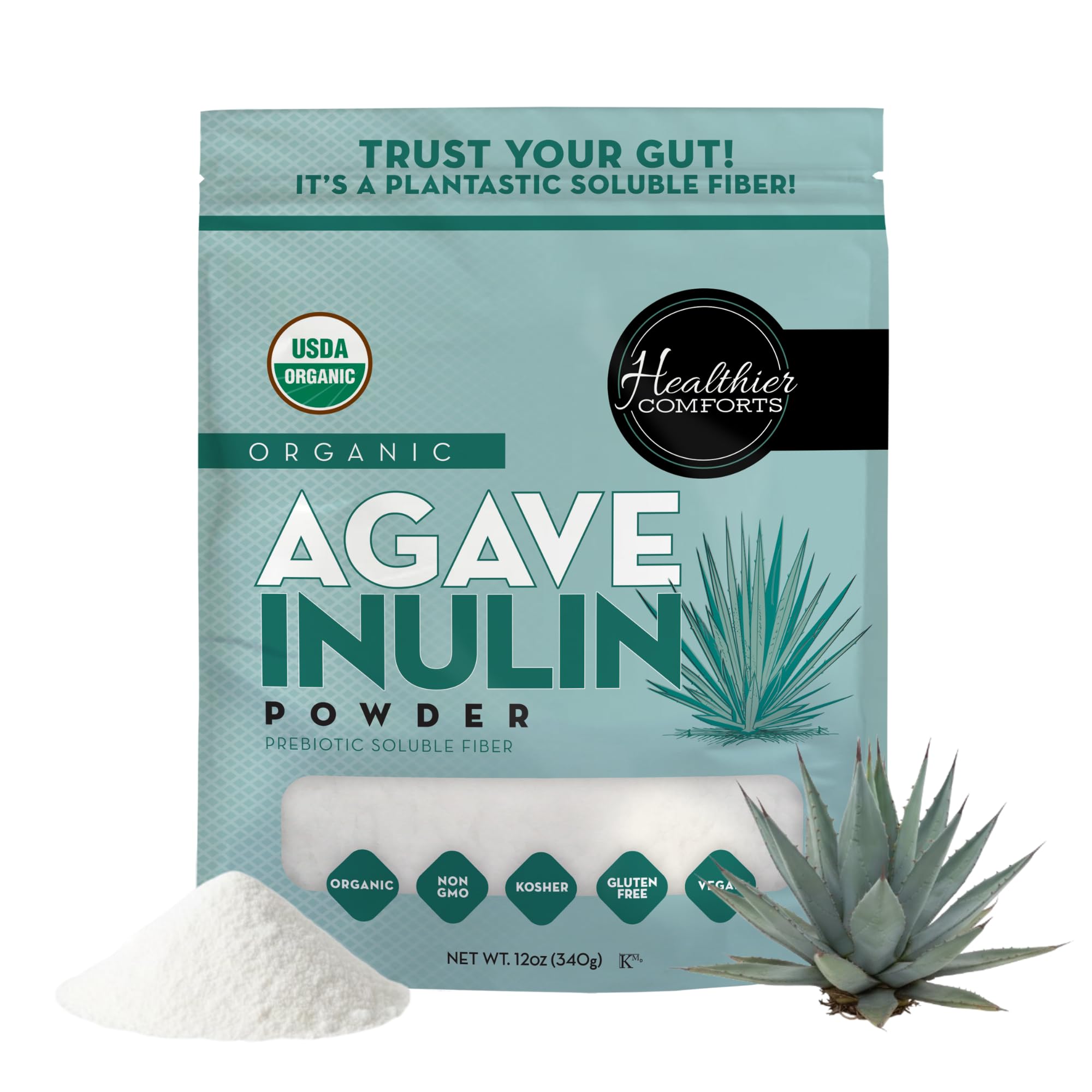 Healthier Comforts Organic Inulin Powder (12 oz) from Blue Agave | Soluble Prebiotic Fiber, Gentle on Digestion, Non-GMO | Perfect for Coffee, Baking & Cooking