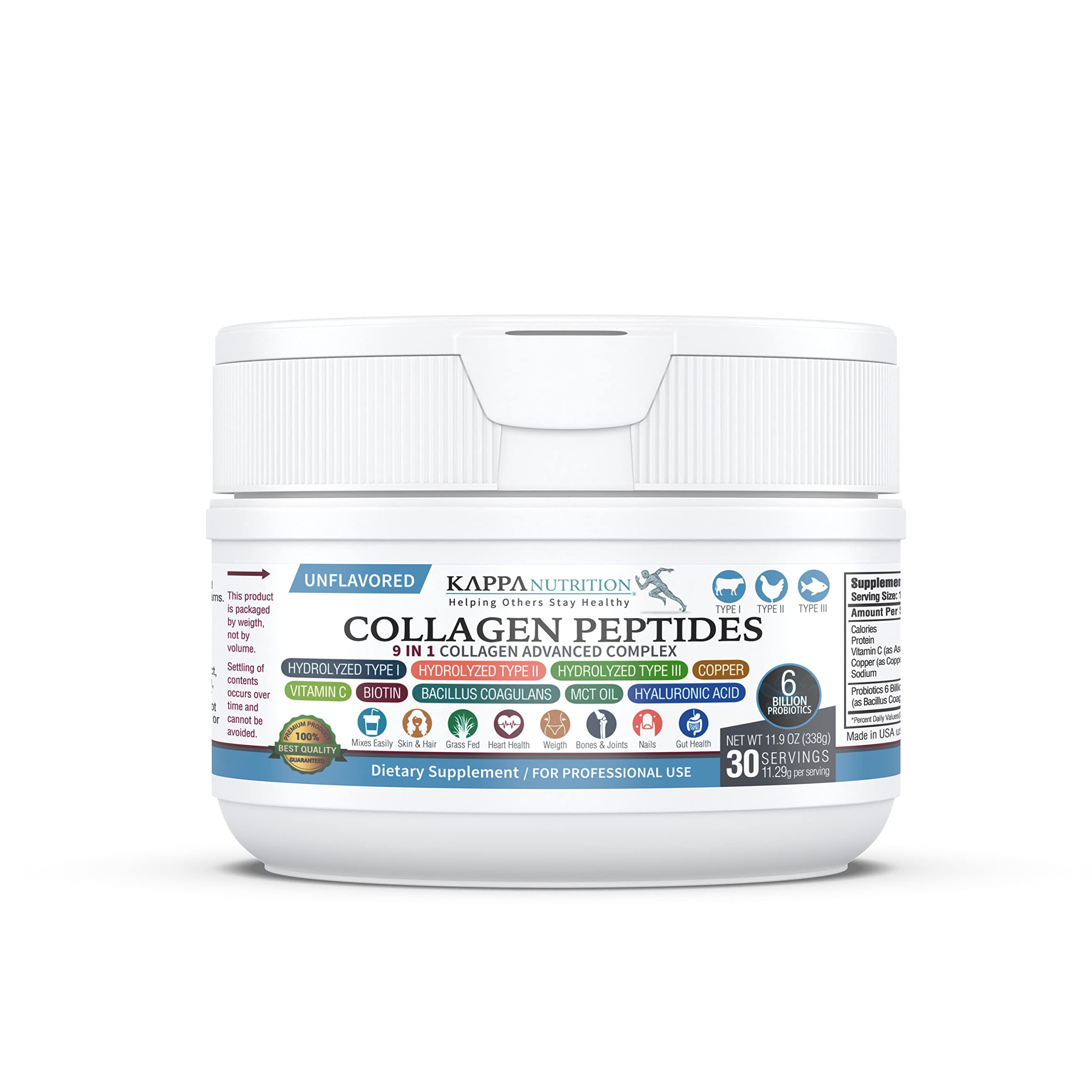 KAPPA NUTRITION Collagen Type I, II, III, 6 Billion Probiotic Acid Resistance, Hyaluronic Acid, Vitamin C, Biotin, Copper and MCT Oil, Beautiful Hair, Nails, & Skin, Collagen Peptides 9 in 1 (11.9oz) KAPPA NUTRITION Au supplements