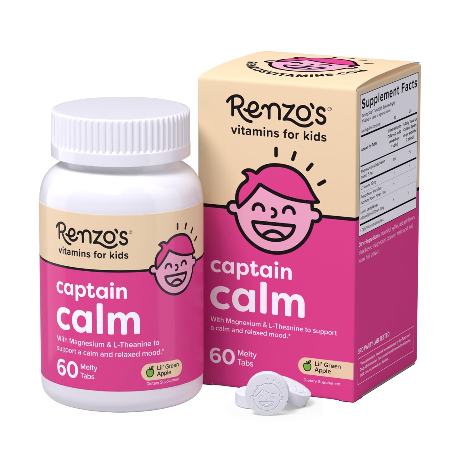 Renzo's Captain Calm Kids Magnesium Supplement with L-Theanine, Dissolvable Kids Vitamins for Relaxation and Mood Support, Sugar-Free Melty Tabs,