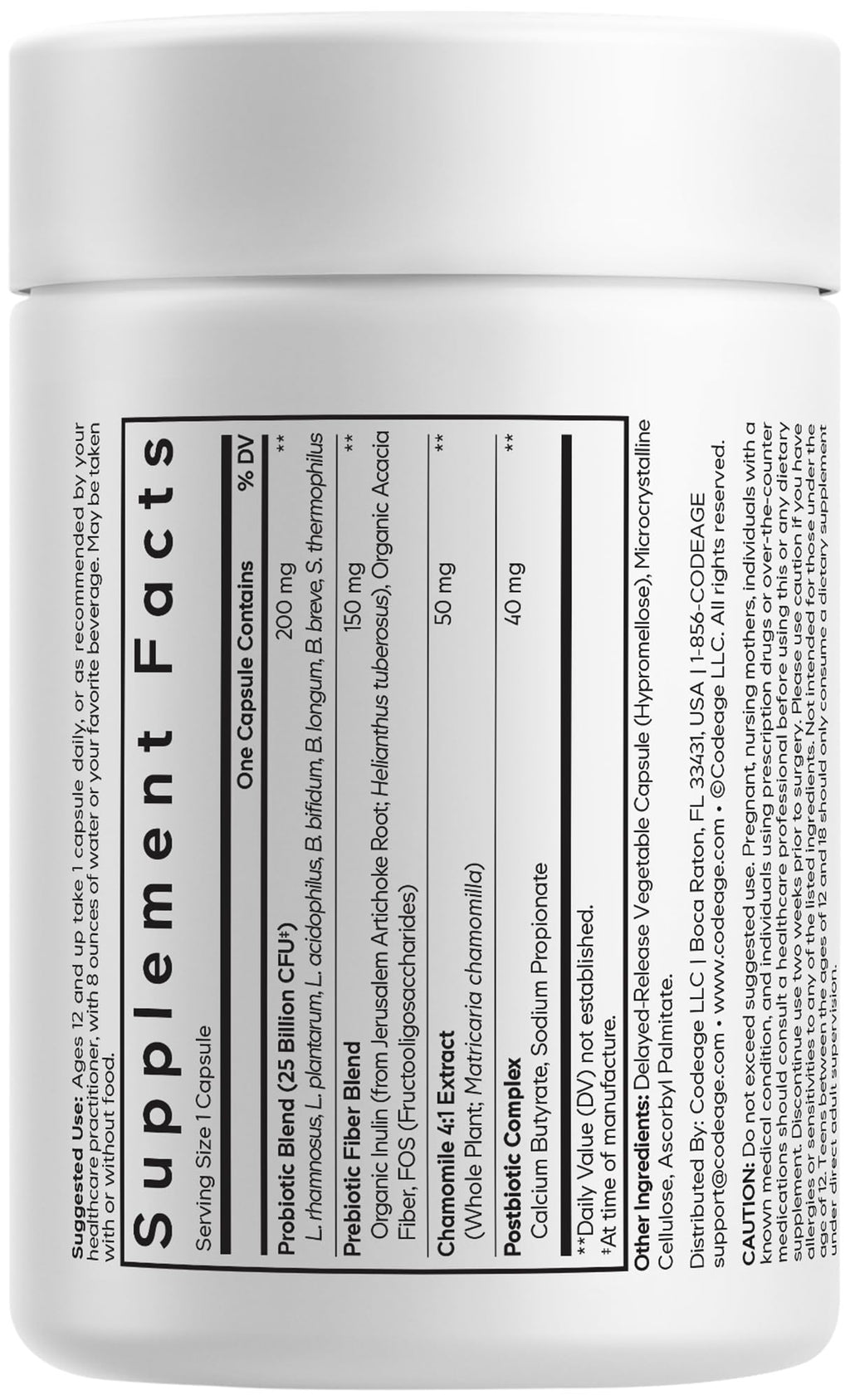 Codeage Teen Probiotic+ Supplement - 25 Billion CFU Probiotic Blend with Prebiotics, Postbiotics & Chamomile - Gut & Digestion Support for Teens and Teenagers 12 & Up - Non-GMO- 30 Capsules Codeage Au supplements