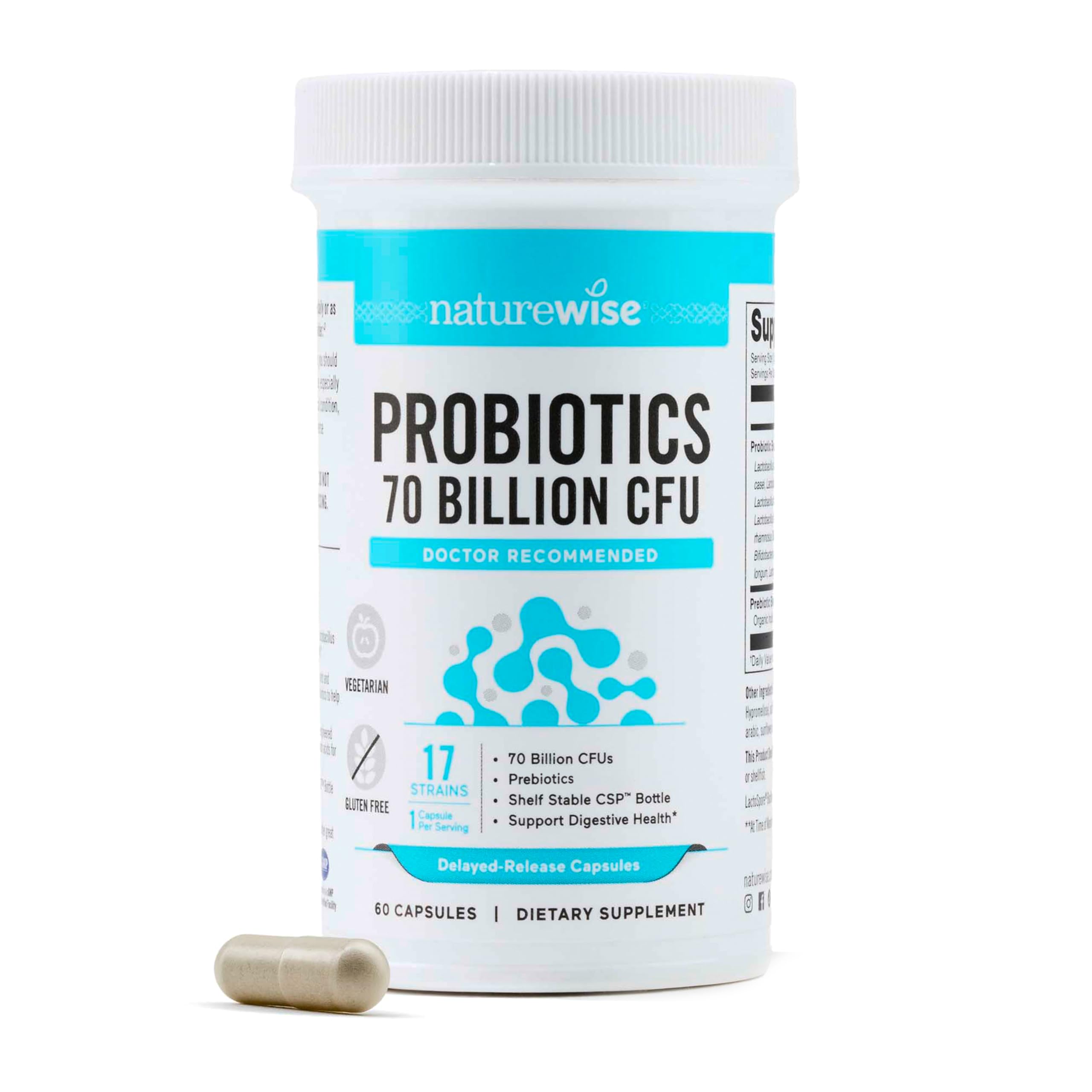 NatureWise Probiotics 70 Billion CFU - 17 Strains + Organic Prebiotics - Immune, Digestive & Gut Health Support for Women & Men - Vegetarian, Gluten-Free, Non-GMO - 60 Capsules[2-Month Supply] NatureWise Au supplements
