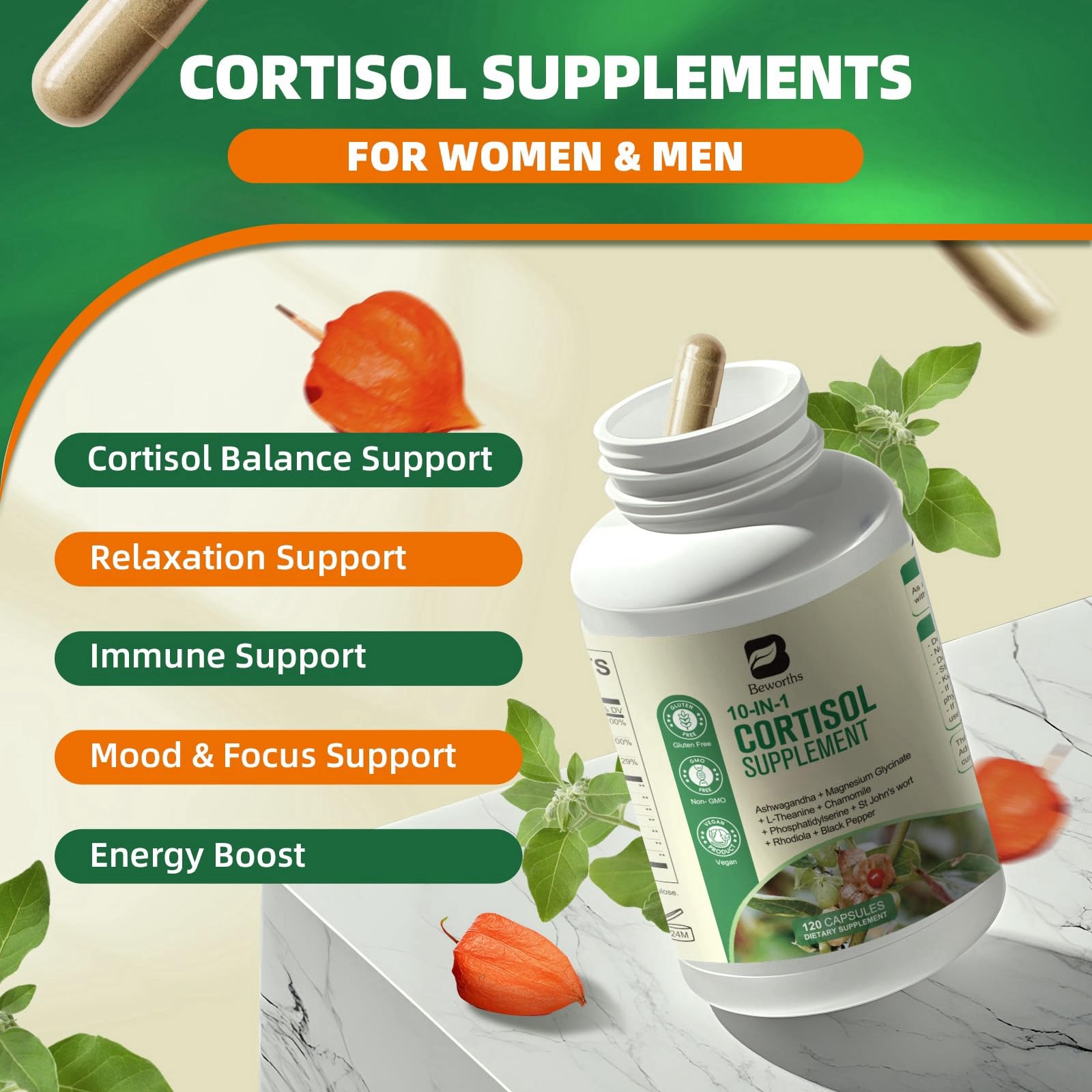 B BEWORTHS Cortisol Supplements for Women Men, 10-in-1 Cortisol Detox with Ashwagandha, Magnesium, L-Theanine, Balanced Cortisol Levels, Night & Calm Support, 120 Vegan Capsules B BEWORTHS Au supplements