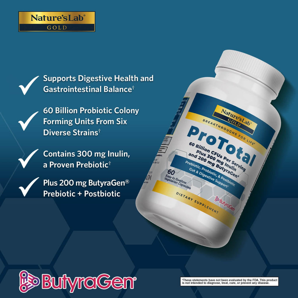 Nature's Lab Gold ProTotal - 60 Billion CFU Probiotic, Prebiotic, Postbiotic, Synbiotic - with Butyragen (Direct Butyrate Generator) 60 Ct Nature's Lab Au supplements
