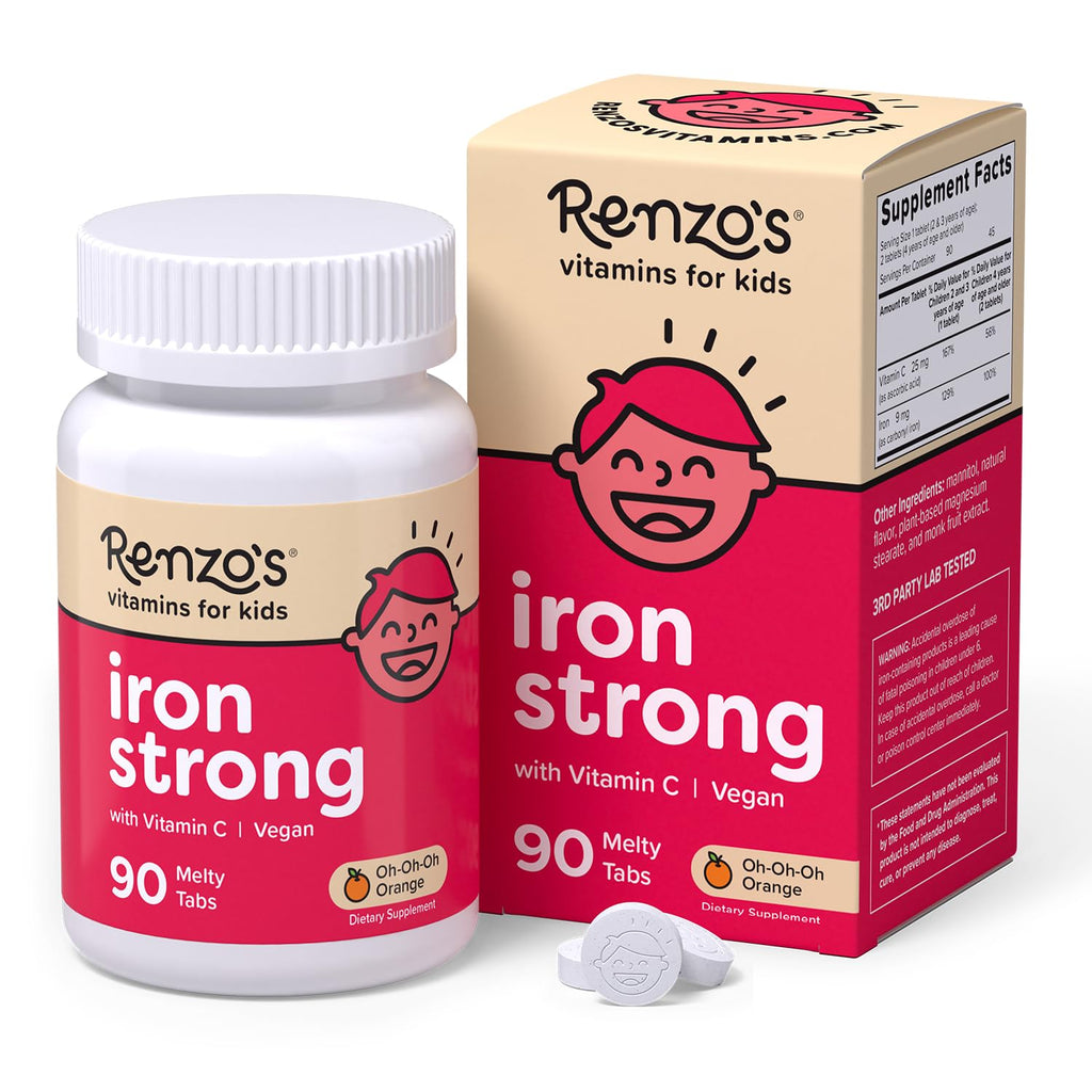 Renzo's Iron Supplements for Kids, Dissolvable Vegan Kids Iron Supplement with Vitamin C, Sugar-Free Melty Tabs