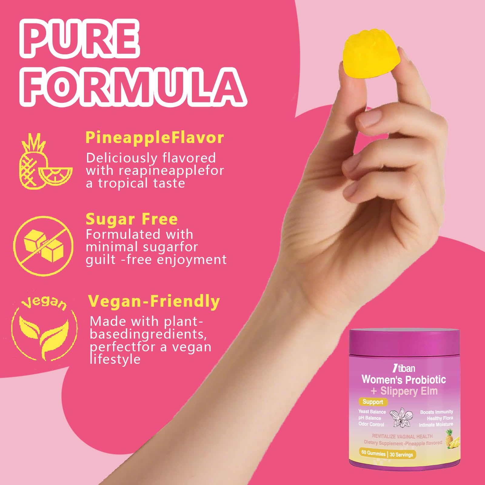 Itiban Feminine Vaginal Probiotics Gummies, Supports pH Balance & Digestive Health, Slippery Elm for Women, Suagr-Free