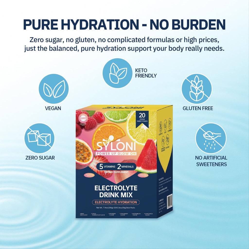 Syloni Electrolytes Powder Packets, Trial Variety Pack(20 Sticks), Sugar Free Hydration Packets Electrolyte Drink Mix with 7 Vitamins and Electrolytes