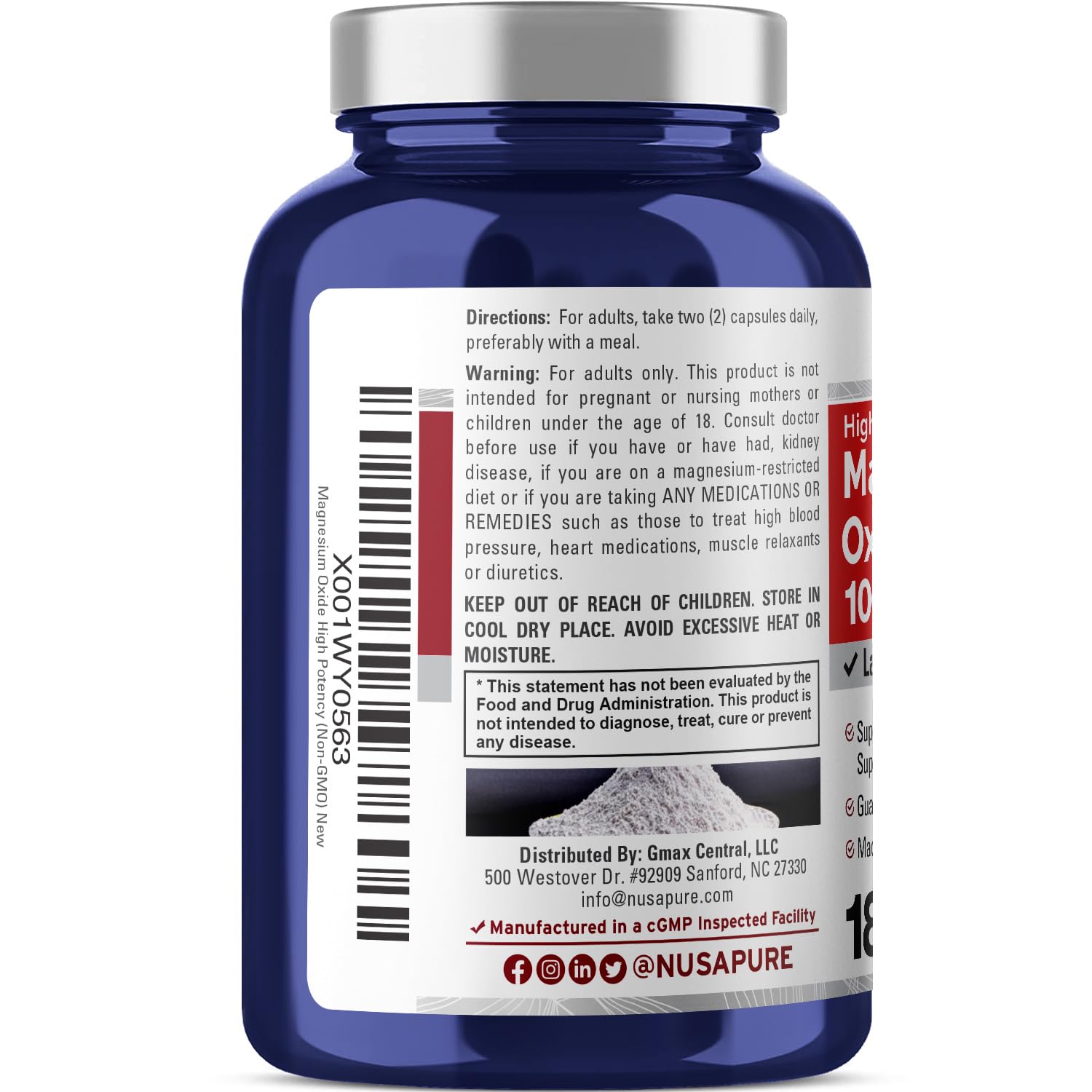 NusaPure Magnesium Oxide 1,000mg per Serving 180 Veggie Caps (Non-GMO, Vegan) NusaPure Au supplements