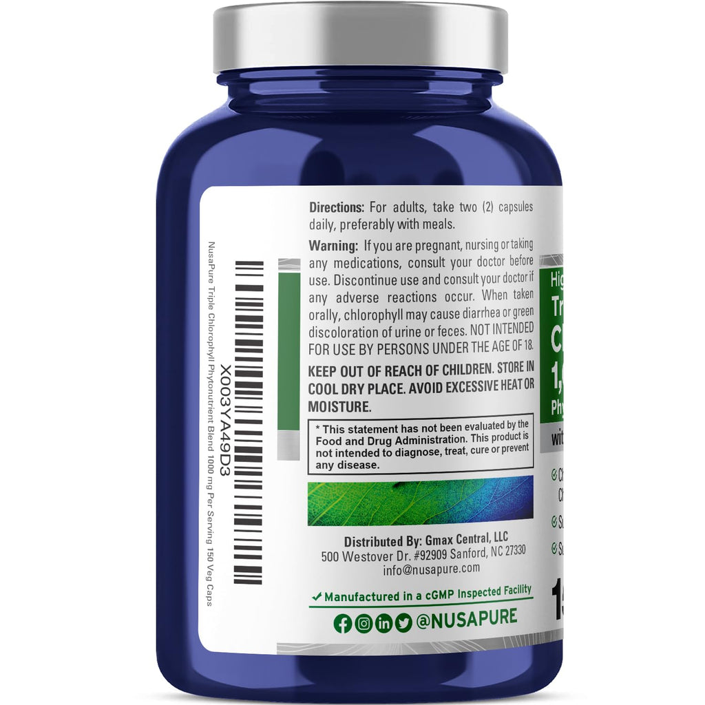NusaPure High Absorption Triple Chlorophyll 1000 mg 150 Veg Caps Suitable for Vegetarians and Vegans, Non-GMO NusaPure Au supplements