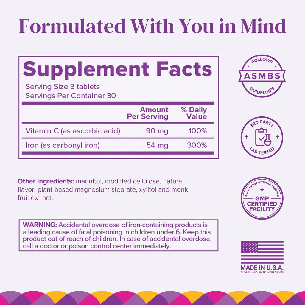 Barimelts Iron with Vitamin C, 90 Fast-Dissolving Tablets (1-Month Supply), Sugar-Free Bariatric Iron Supplement for Women, Natural Orange Flavor