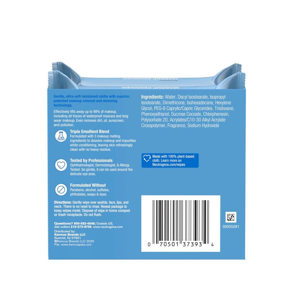 Neutrogena Makeup Remover Wipes Micellar Alcohol-Free Face Towelettes Remove Waterproof Mascara & Oil, Compostable 100% Plant-Based Cloth