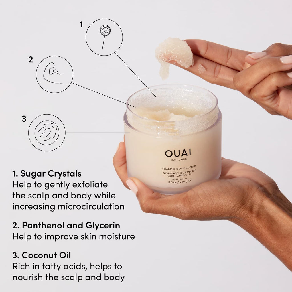 OUAI Scalp & Body Scrub, Melrose Place - Exfoliating Body Scrub with Sugar & Coconut Oil Blend for Smooth, Moisturized Skin - Gentle Scalp Exfoliator for Removing Product Build Up (8.8 Oz) OUAI Au supplements