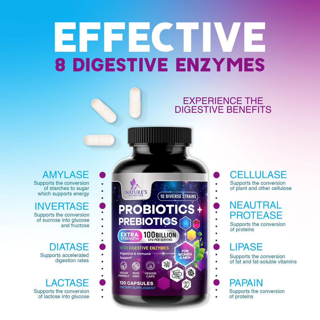 Probiotics 100 Billion CFU Per Serving - 10 Premium Strains + Prebiotics - Best Probiotic Supplement for Women & Men - Supports Immune, Digestive Health,