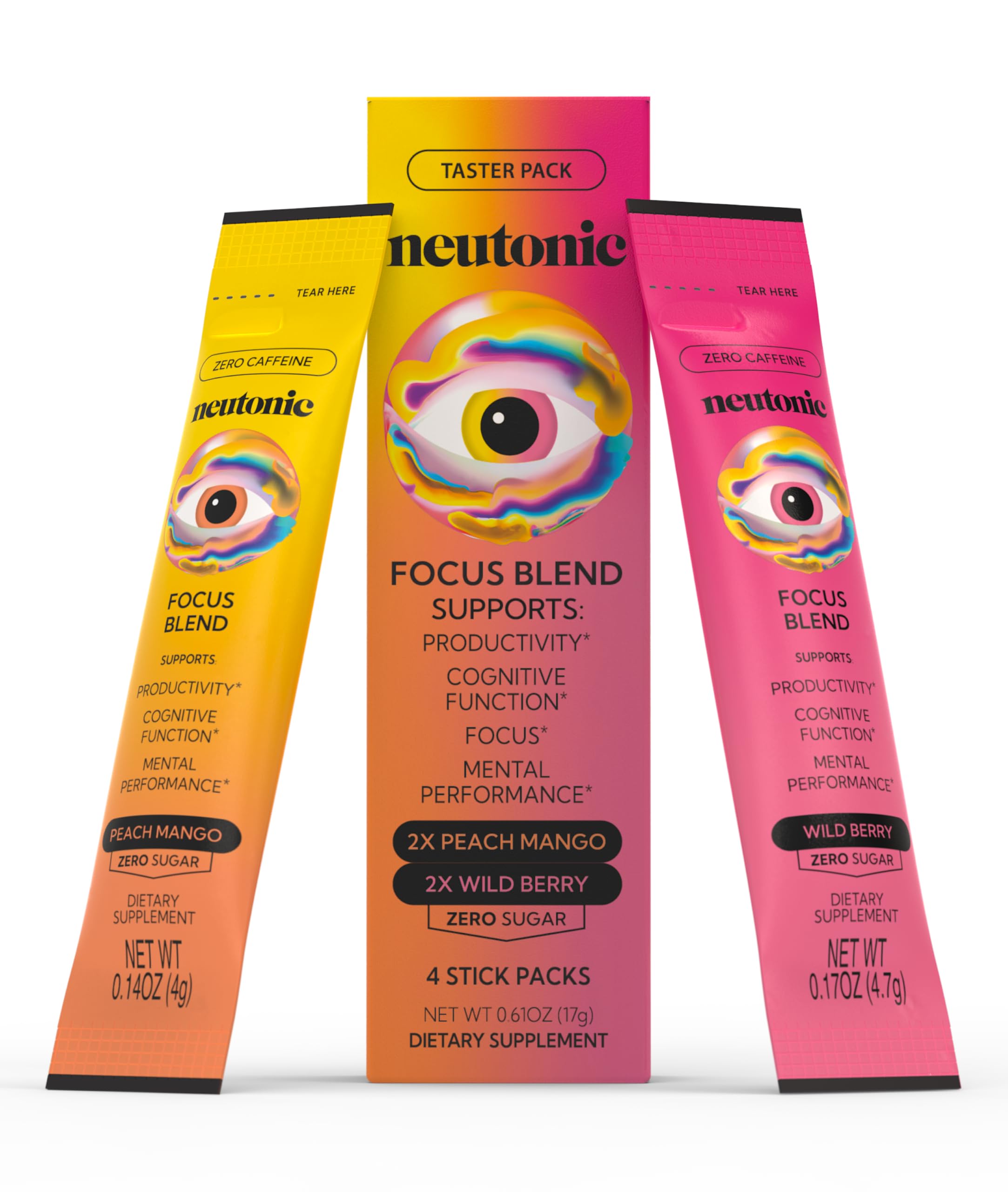 Neutonic Nootropic Focus Blend Powder | Peach Mango & Wild Berry 4 Sticks | Caffeine Free, Zero Sugar | Support Memory, Mental Clarity, Cognitive Function | Boost Focus, Energy, Brain Health Neutonic Au supplements