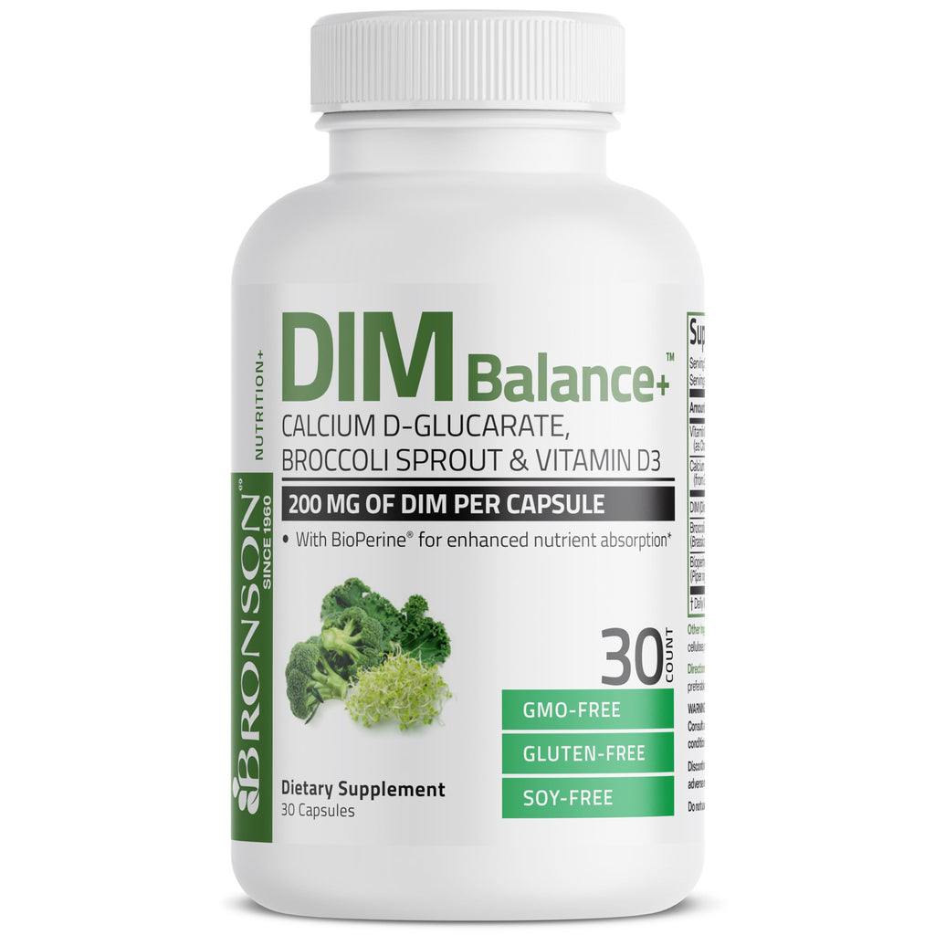 Bronson DIM Balance+ Calcium D-Glucarate, Broccoli Sprouts and Vitamin D3 200 MG of DIM per Capsule Supports Estrogen Metabolism and Balanced Hormone Levels Non-GMO, 30 Vegetarian Capsules Bronson Au supplements
