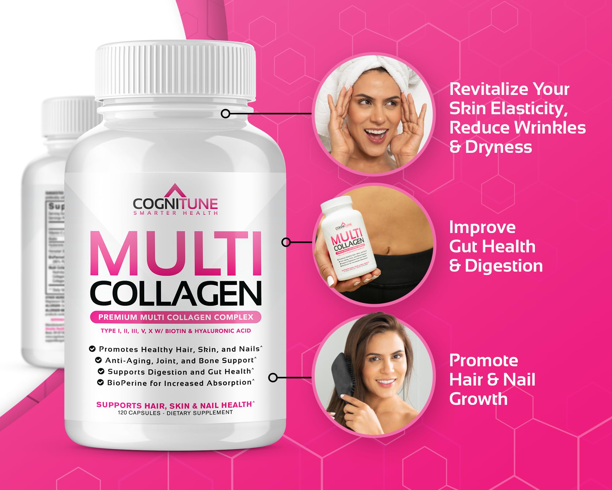 CogniTune Multi Collagen Peptides for Women with Biotin, Hyaluronic Acid, Vitamin C - 5 Types I II III V X Colageno Hidrolizado - 2000mg Hair Skin Nails Joints Support - 120 Capsules CogniTune Au supplements