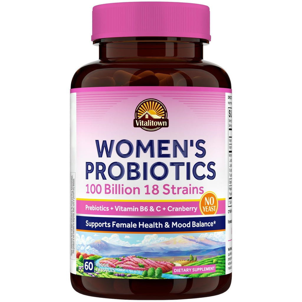 Vitalitown Women's Probiotics | 100 Billion CFUs 18 Strains | Prebiotics, VC & B6, Cranberry | Shelf Stable | Vaginal, Urinary