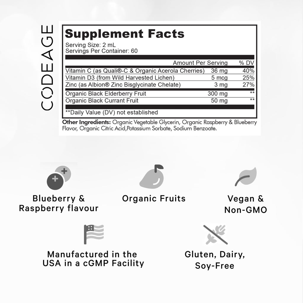 Codeage Elderberry Vitamins Pro - Organic Black Elderberry Liquid Drops - Vitamin C, D3, Zinc, Black Currant - 2-Month Supply - Black Sambucus Liquid - Supplement for Adults & Kids - 4 fl oz Codeage Au supplements