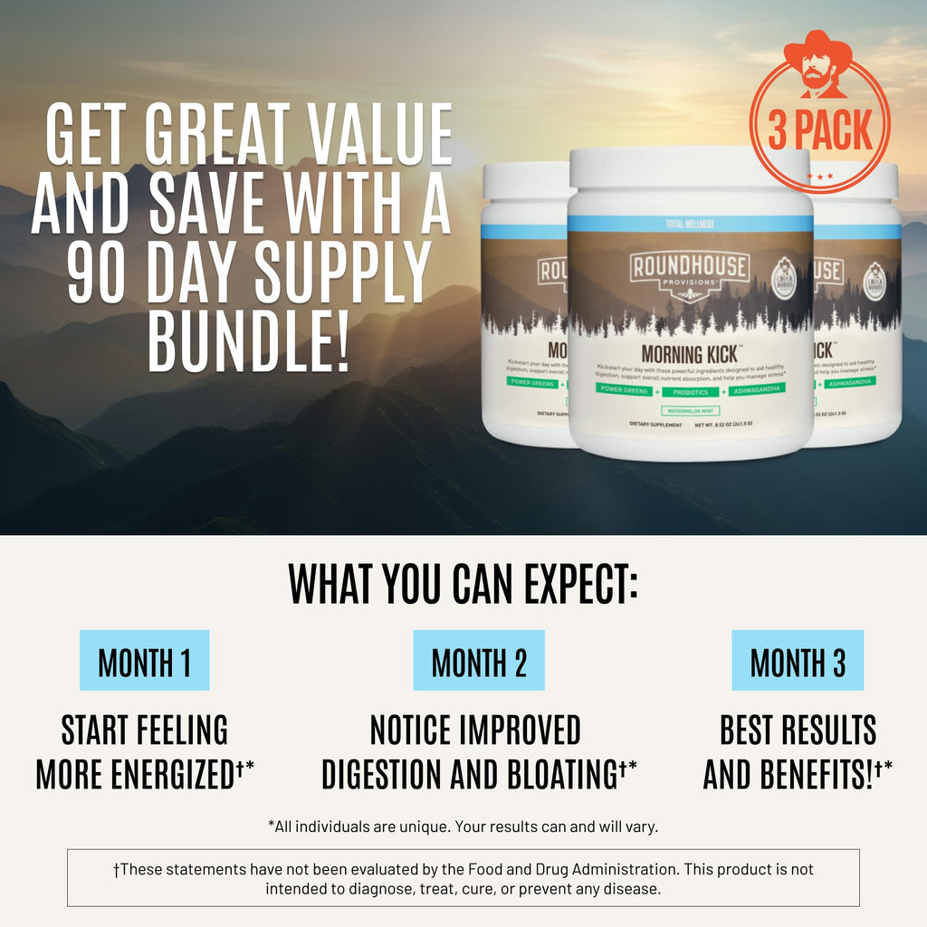 ROUNDHOUSE PROVISION Morning Kick by Chuck Norris - Watermelon Mint Flavor - Greens Superfood Powder with Probiotics, Collagen Peptides & Ashwagandha to Help Support Gut & Joint Health, 3 Pack ROUNDHOUSE PROVISION Au supplements