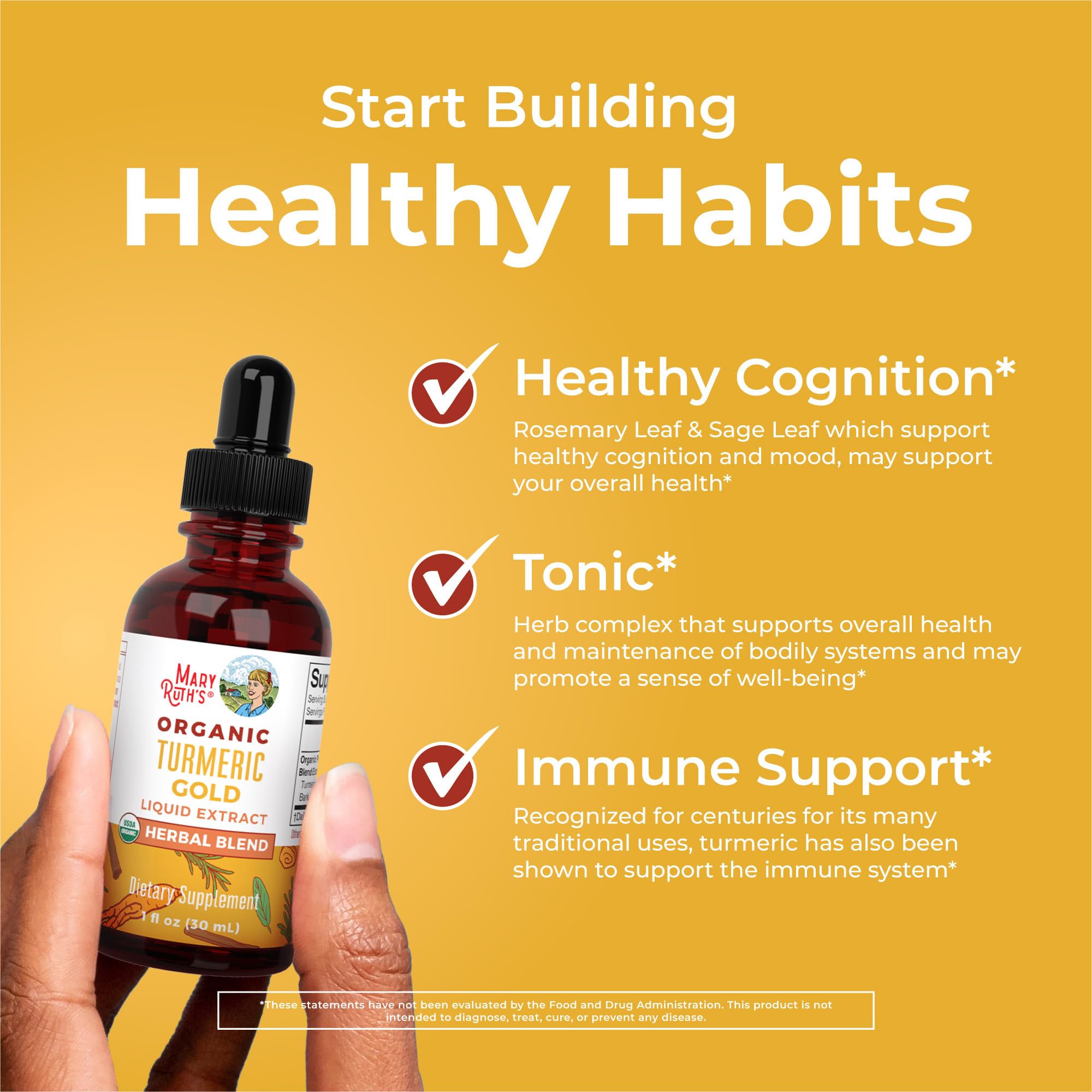MARYRUTH'S Organics USDA Turmeric Gold Liquid Drops | Herbal Blend | Turmeric Curcumin | Black Pepper | Cassia Cinnamon Bark | Ginger Root | Immune Support