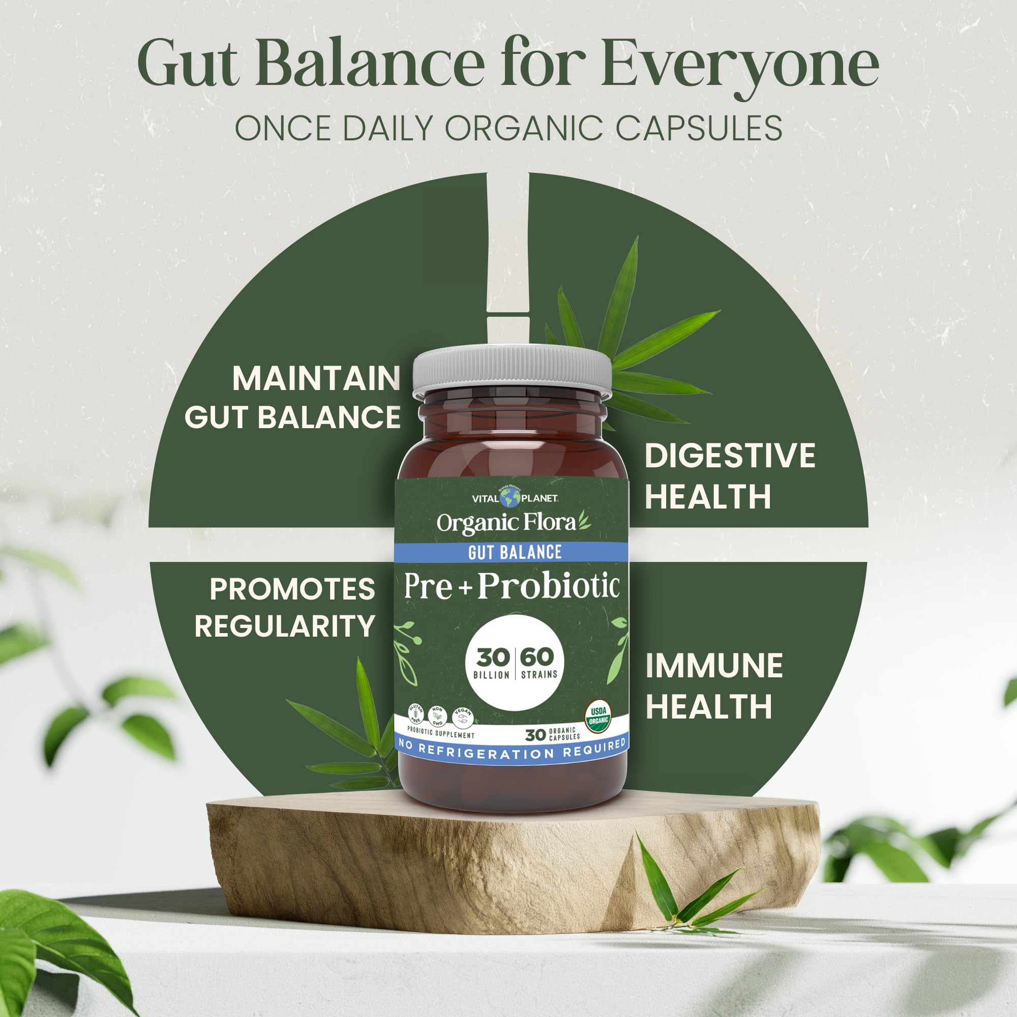 Vital Planet - Organic Flora Probiotics for Gut Health Balance, Shelf Stable Probiotic 30 Billion CFU, 60 Diverse Strains, Prebiotic Organic Mushroom Blend