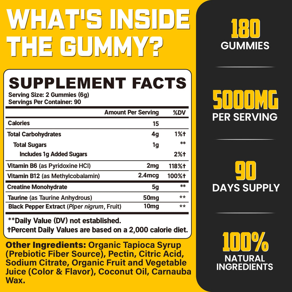 (180 Count) Creatine Monohydrate Gummies for Men & Women - Creatine Pre Workout Gummies for Muscle Builder, Muscle Strength, Recovery, Endurance, Energy,
