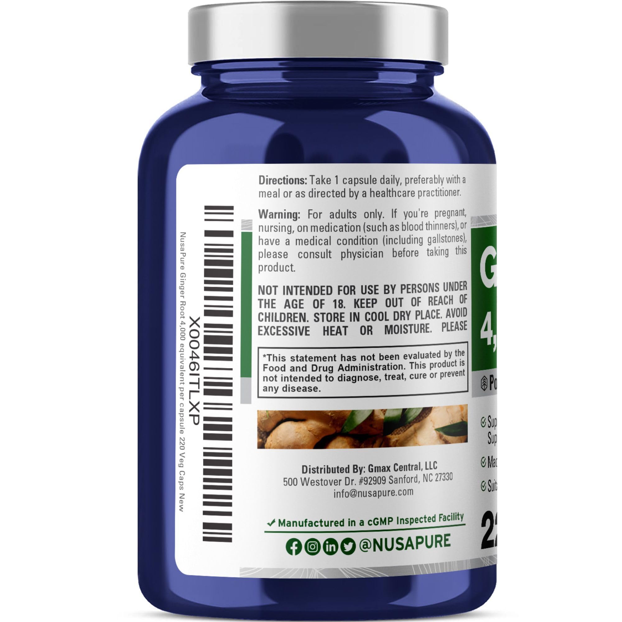 NusaPure Ginger Root Capsules 20:1 Extract, 200 mg Equivalent to 4,000mg per Veggie Caps | 220 Count | Non-GMO & Vegan NusaPure Au supplements