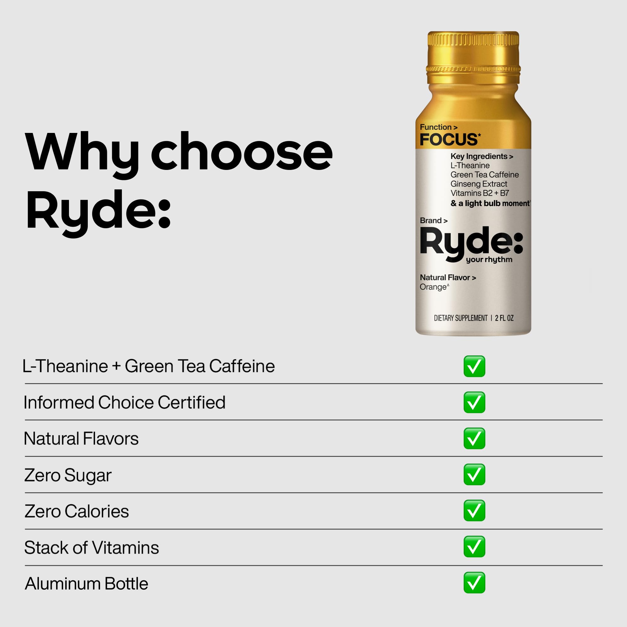 Ryde: Focus Shot | Orange Flavor | L-Theanine & Ginseng | Green Tea Caffeine | Vitamins B2 & B7 | 0 Calories, 0 Sugar | 2 FL OZ Shots | Supports Focus* (8 Pack) RYDE Au supplements