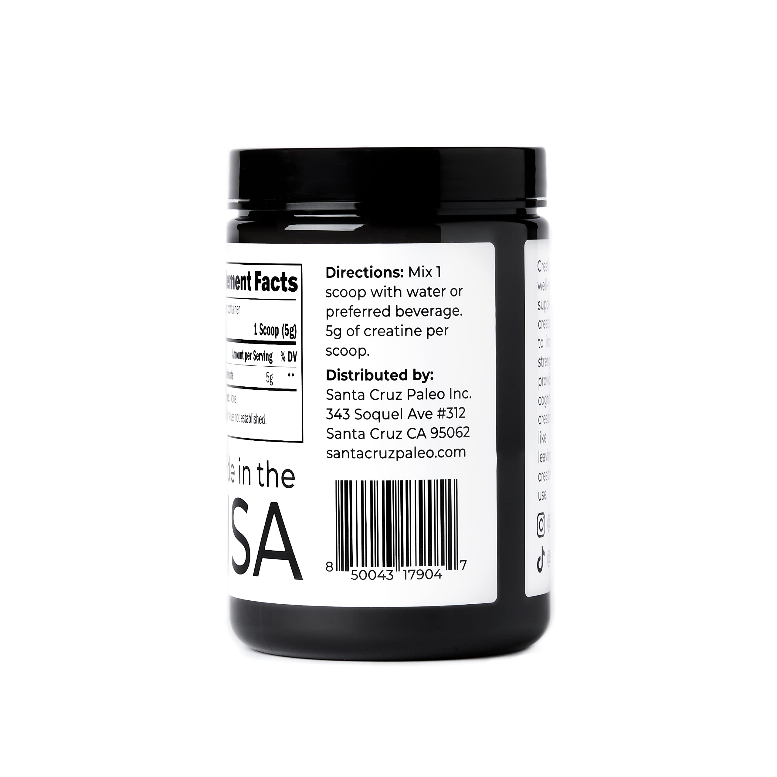 Santa Cruz Paleo, Creatine Monohydrate Powder Micronized, Unflavored Pre Workout and Muscle Support Supplement, Gluten Free Keto, Mix with Water or Shakes