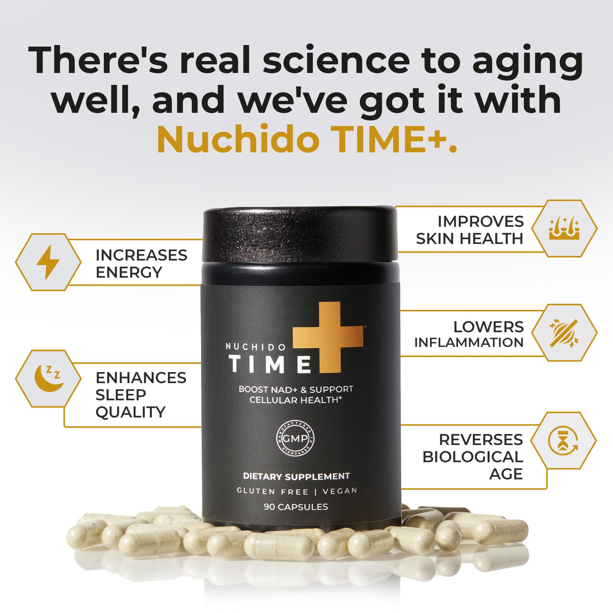 Nuchido Time+ NAD Supplement for Men & Women - Advanced Formula for Healthy Aging, Energy, Focus, Cellular Health & Longevity - Nicotinamide, Alpha Lipoic Acid, Quercetin - 90 Capsules Nuchido Time+ Au supplements
