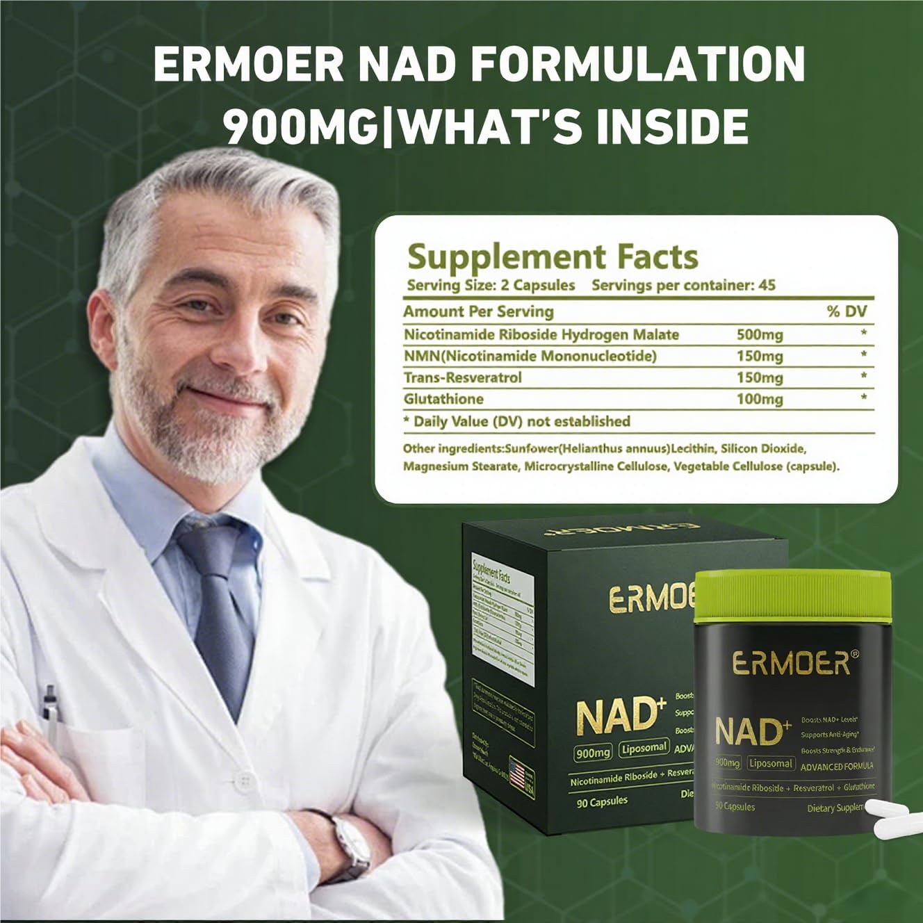 ERMOER NAD Liposomal Nicotinamide Riboside with Resveratrol & Quercetin 900mg, NAD Resveratrol Supplement for Anti Aging, Energy, Antioxidant, Focus (90 Count) ERMOER Au supplements