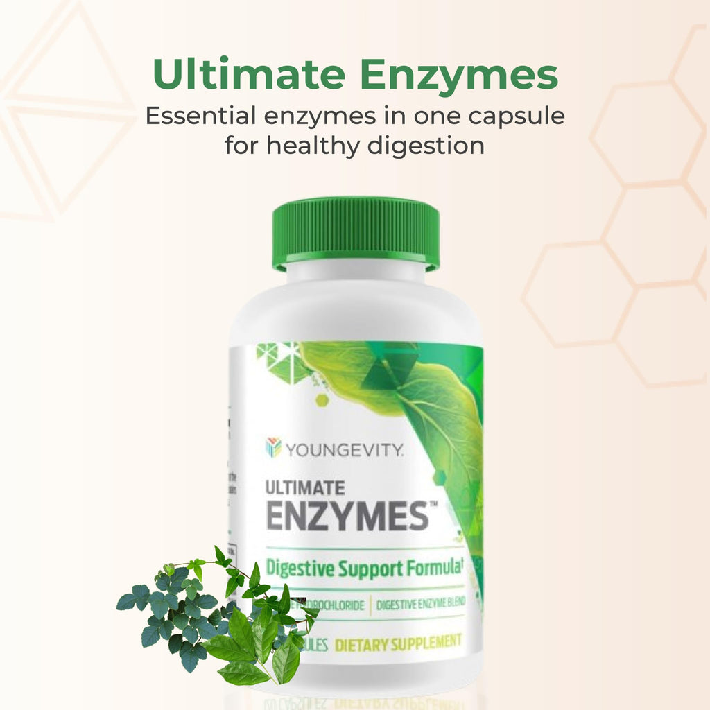 Youngevity Ultimate Enzymes® - Multi Enzymes for Digestion, Gas & Bloating Relief - Betaine HCl, Ox Bile, Pancreatine 10X, Papain 6M, Pepsin 1:3000 (120 Capsules)