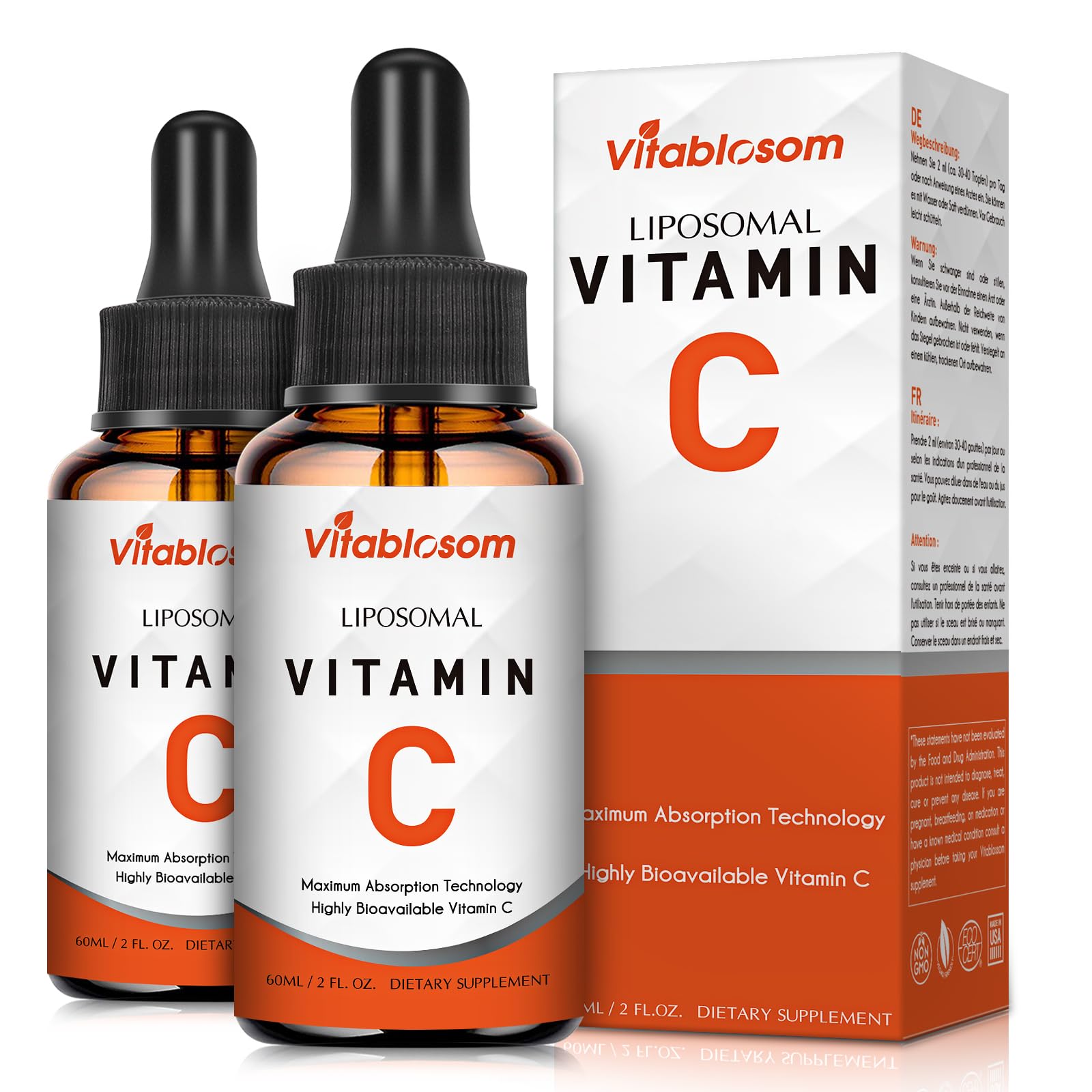 Vitablosom Liposomal Vitamin C 2000mg Liquid for Adults, High Absorption VIT C, Maximize Vitamin C, Immune System & Antioxidant Support, 60ML (2 Bottle)