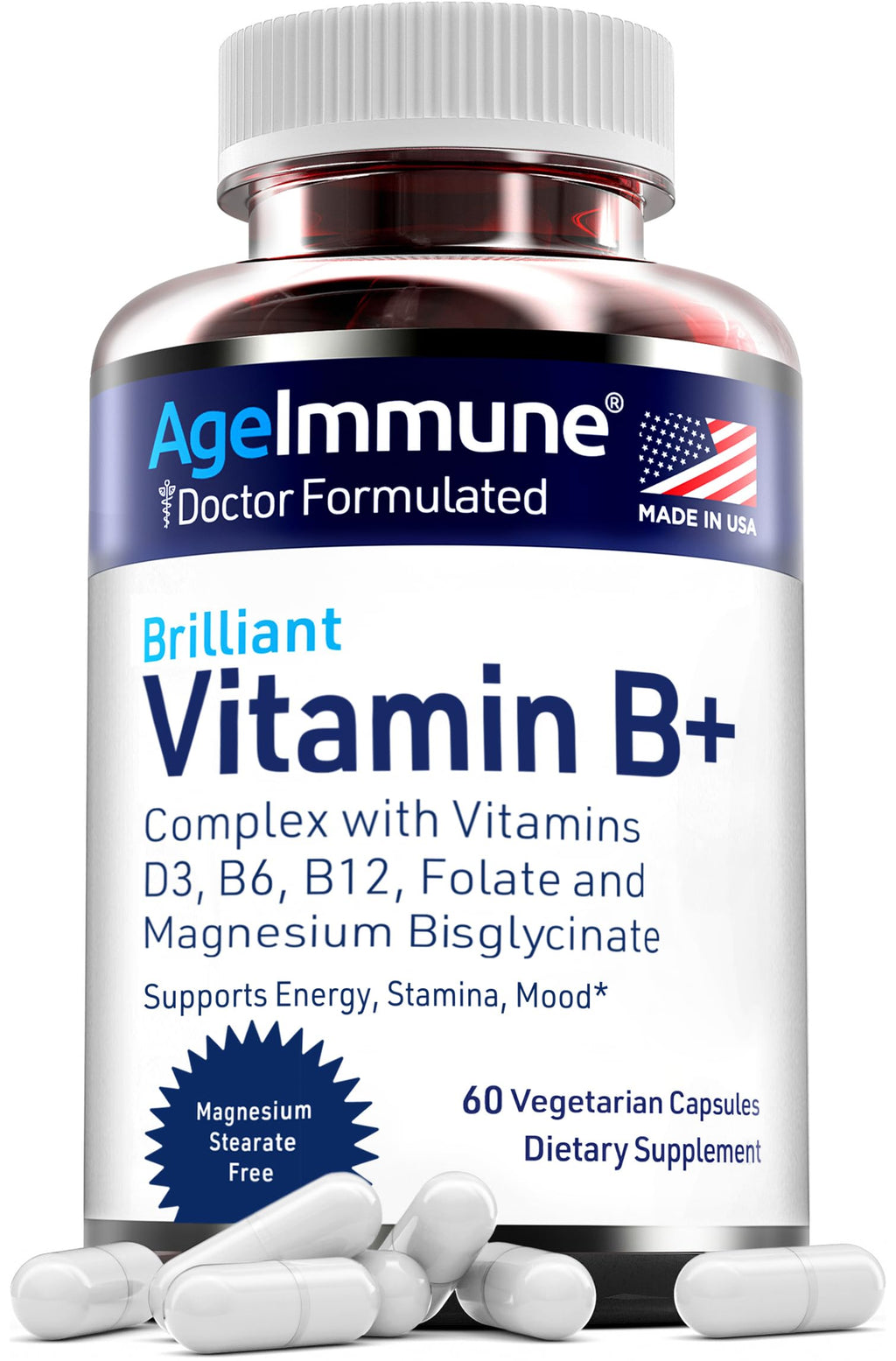 AgeImmune Vitamin B Complex with Vitamin D3 B12 B6 Magnesium Bisglycinate and Folate as Methylfolate - Doctor Formulated Methylated B Complex Supplement