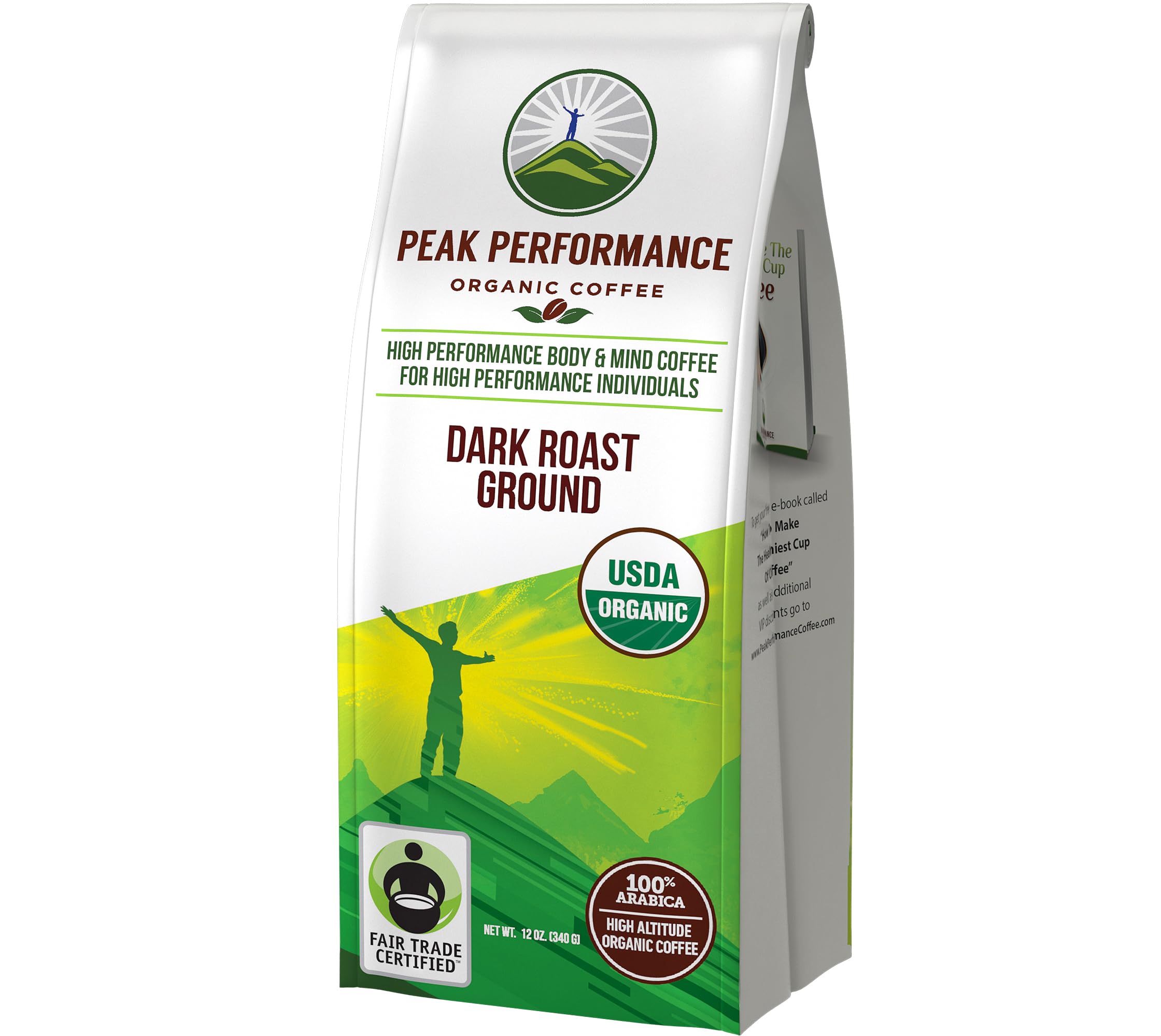 Peak Performance High Altitude Organic Coffee - Fair Trade, Low Acid, Non GMO, and Beans Full of Antioxidants - Dark Roast Smooth Tasting USDA Certified Organic Ground Coffee Bag 12 oz Peak Performance Au supplements