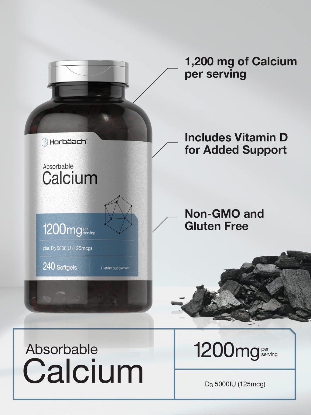Horbäach Calcium 1200 mg with Vitamin D3 | 240 Softgels | 5000 IU Vitamin D3 | Absorbable Calcium Supplement for Women and Men