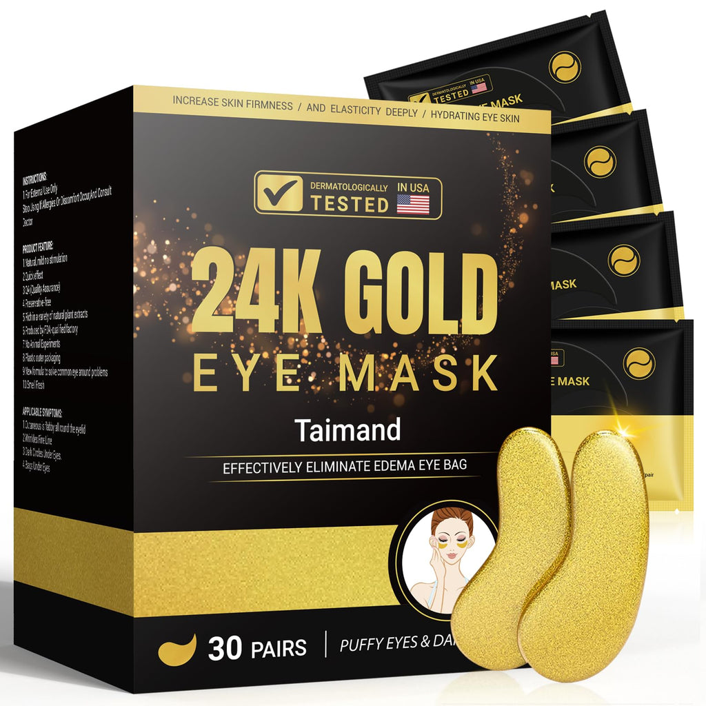 Taimand Under Eye Patches (30 Pairs), 24K Gold Under Eye Mask for Puffy Eyes, Dark Circles,Bags and Wrinkles with Collagen
