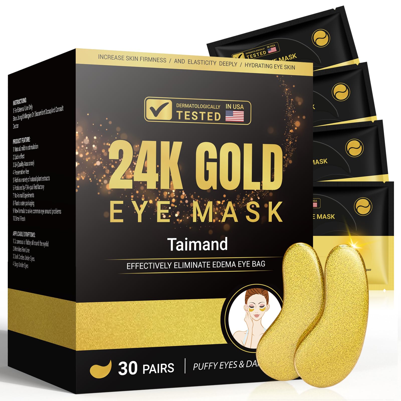Taimand Under Eye Patches (30 Pairs), 24K Gold Under Eye Mask for Puffy Eyes, Dark Circles,Bags and Wrinkles with Collagen