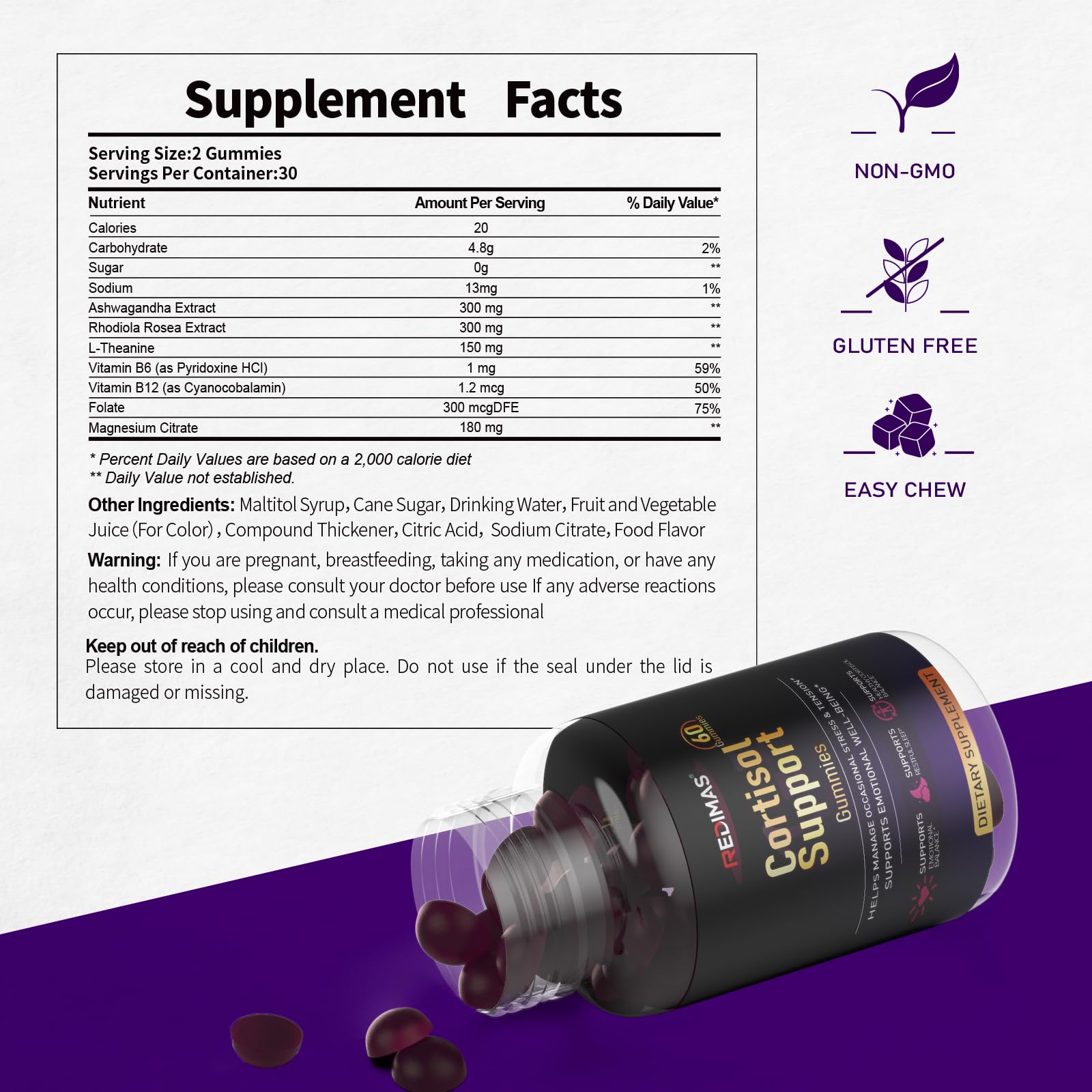 Redimas Cortisol Gummies for Women & Men with Ashwagandha, Magnesium, L-Theanine and Multivitamin, Vegan Chewable Gummies for Daily Lifestyle Balance, Convenient Adult Supplement, 60 Count Redimas Au supplements