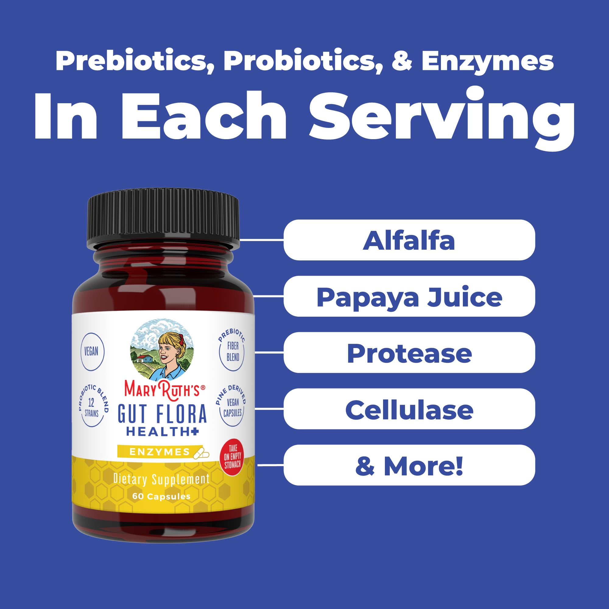MaryRuth’s Gut Flora Health+ Enzymes | Prebiotic & Probiotic Digestive Enzymes for Healthy Gut Biome & Digestive Support | Gastrointestinal Health | CLP Certified