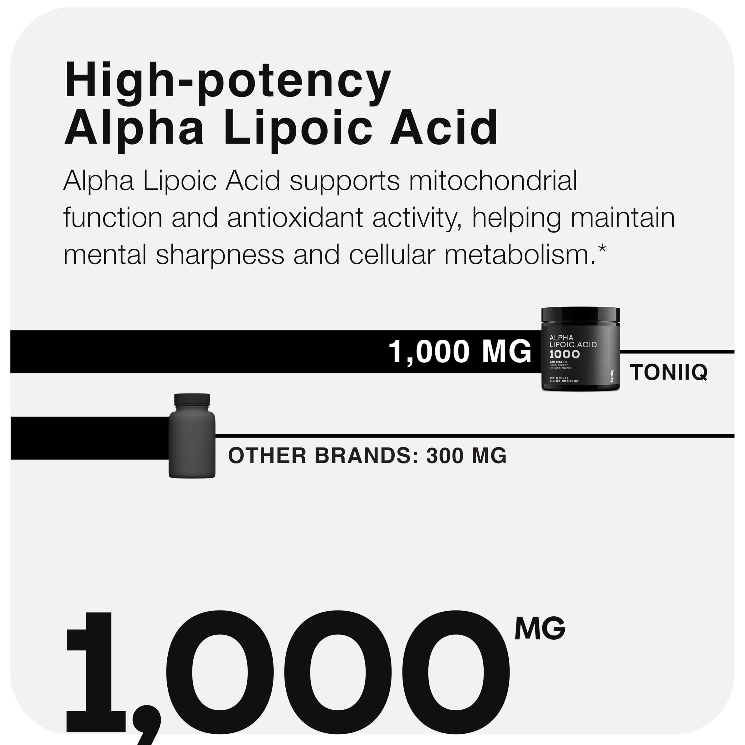 Toniiq 1000mg Ultra High Strength Alpha Lipoic Acid Capsules - Highly Purified 99%+ USP Standard - 120 Capsules ALA Supplement Toniiq Au supplements