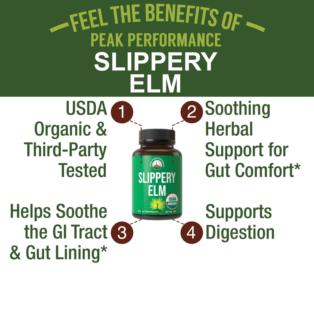 USDA Organic Slippery Elm for Women & Men. Vegan Capsules with Micronized Slippery Elm Bark Powder for Digestion, Bloating Relief, & Gut Lining. Natural Mucilage That Soothes The Throat & Airways Peak Performance Au supplements