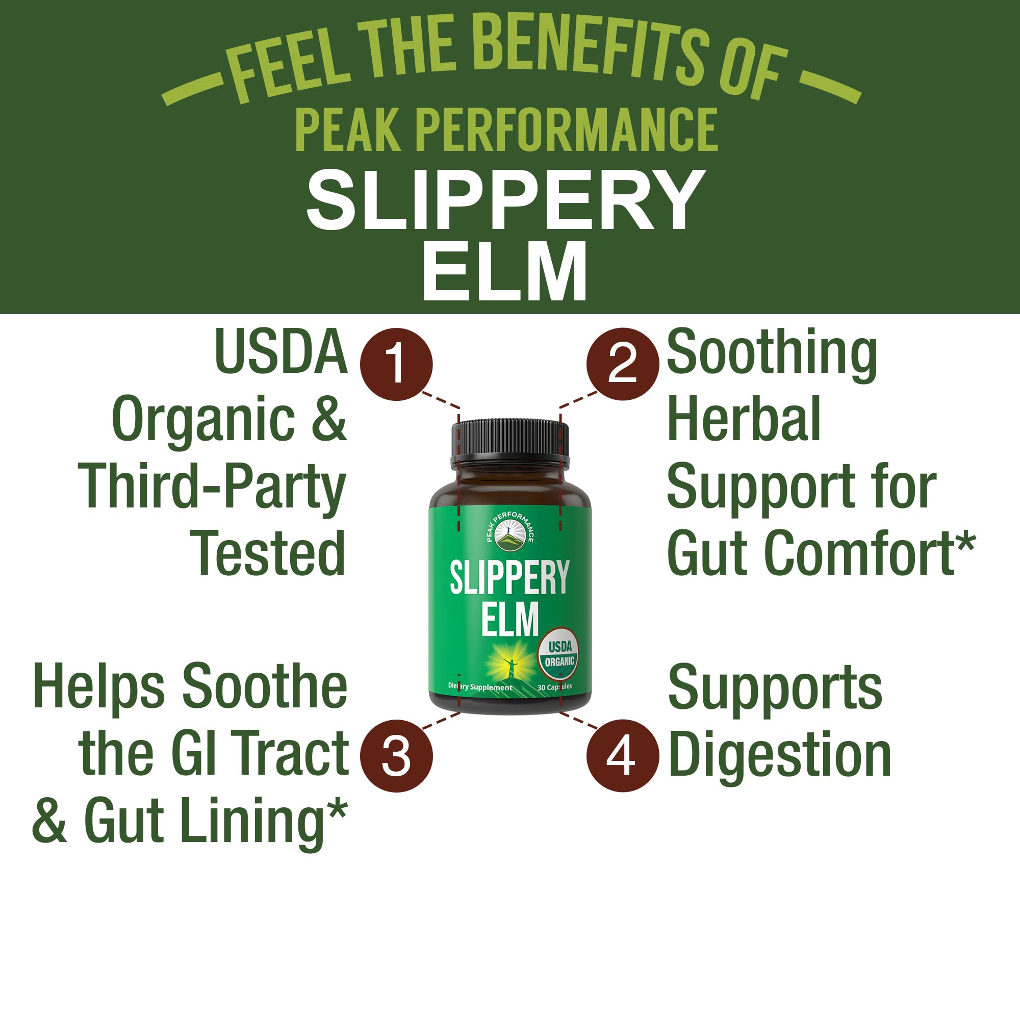 USDA Organic Slippery Elm for Women & Men. Vegan Capsules with Micronized Slippery Elm Bark Powder for Digestion, Bloating Relief, & Gut Lining. Natural Mucilage That Soothes The Throat & Airways Peak Performance Au supplements